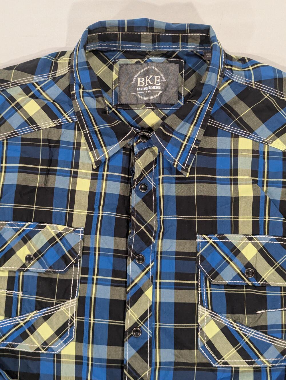 BKE Shirt Mens XL Blue Plaid Long Sleeve Western Snap Pockets Athletic Fit